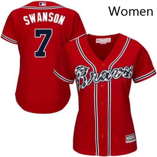 Womens Majestic Atlanta Braves 7 Dansby Swanson Replica Red Alternate Cool Base MLB Jersey